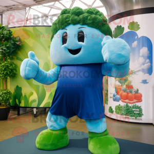 Sky Blue Broccoli mascot costume character dressed with a Tank Top and Gloves