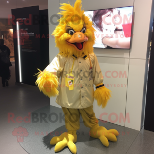 Gold Roosters mascot costume character dressed with a Parka and Hair clips