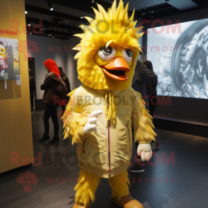 Gold Roosters mascot costume character dressed with a Parka and Hair clips
