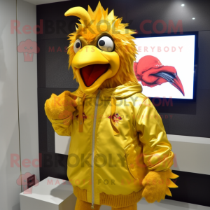 Gold Roosters mascot costume character dressed with a Parka and Hair clips