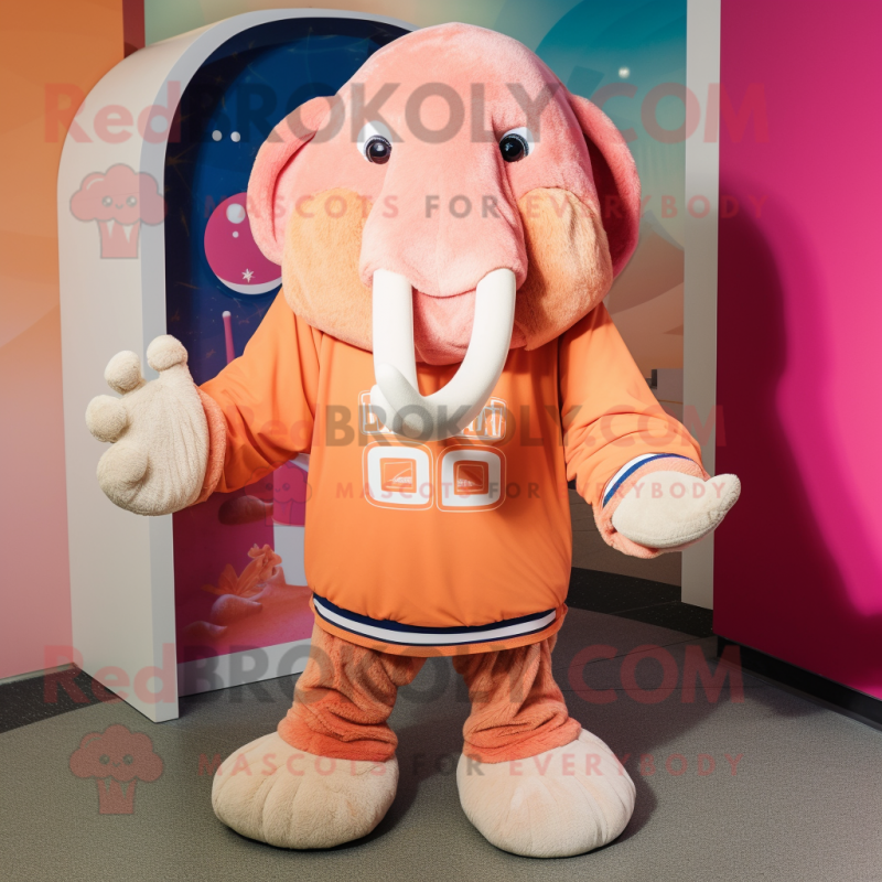 Peach Mammoth mascot costume character dressed with a Sweatshirt and Scarves