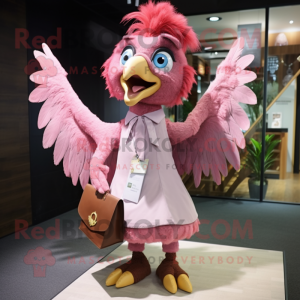 Pink Harpy mascot costume character dressed with a Dress Shirt and Messenger bags