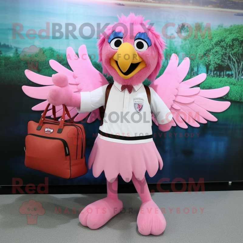 Pink Harpy mascot costume character dressed with a Dress Shirt and Messenger bags Pink Harpy mascot costume character dressed with a Dress Shirt and Messenger bags
