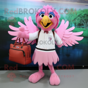 Pink Harpy mascot costume character dressed with a Dress Shirt and Messenger bags