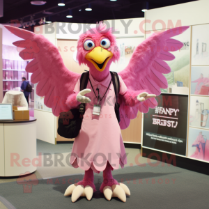 Pink Harpy mascot costume character dressed with a Dress Shirt and Messenger bags