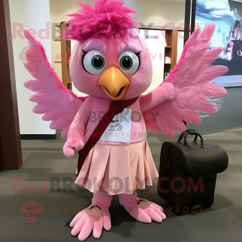 Pink Harpy mascot costume character dressed with a Dress Shirt and Messenger bags