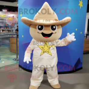 Beige Starfish mascot costume character dressed with a Jumpsuit and Hat pins