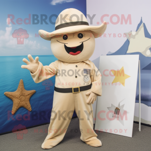 Beige Starfish mascot costume character dressed with a Jumpsuit and Hat pins