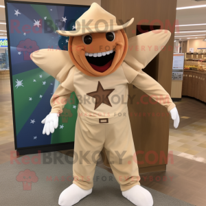 Beige Starfish mascot costume character dressed with a Jumpsuit and Hat pins