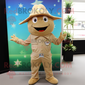 Beige Starfish mascot costume character dressed with a Jumpsuit and Hat pins