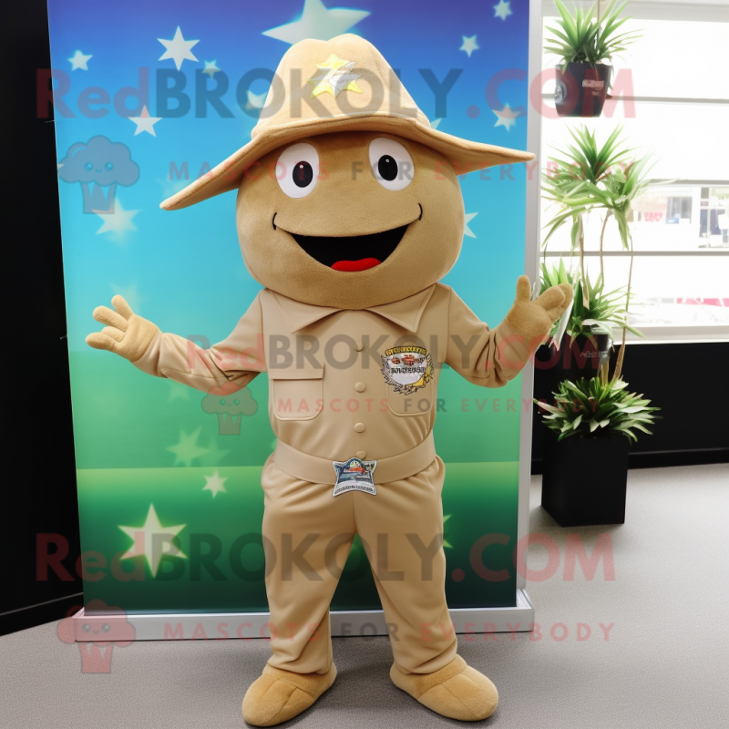 Beige Starfish mascot costume character dressed with a Jumpsuit and Hat pins Beige Starfish mascot costume character dressed with a Jumpsuit and Hat pins