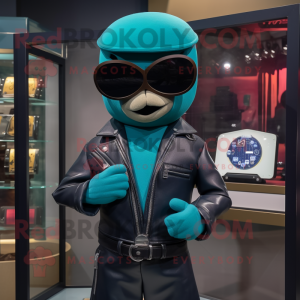 Teal Hourglass mascot costume character dressed with a Leather Jacket and Sunglasses