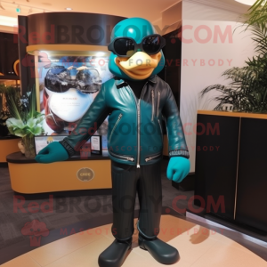 Teal Hourglass mascot costume character dressed with a Leather Jacket and Sunglasses