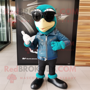 Teal Hourglass mascot costume character dressed with a Leather Jacket and Sunglasses