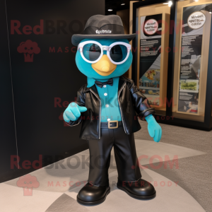 Teal Hourglass mascot costume character dressed with a Leather Jacket and Sunglasses