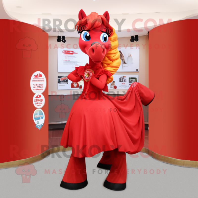 Red Mare mascot costume character dressed with a Ball Gown and Belts