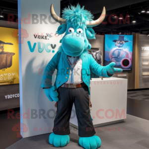 Turquoise Yak mascot costume character dressed with a Suit Pants and Suspenders