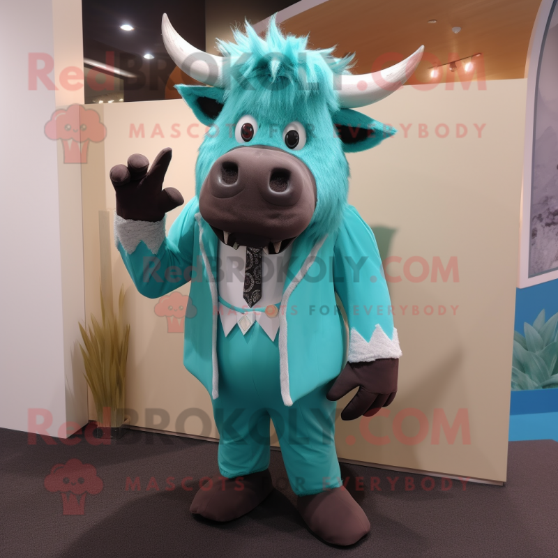 Turquoise Yak mascot costume character dressed with a Suit Pants and Suspenders Turquoise Yak mascot costume character dressed with a Suit Pants and Suspenders