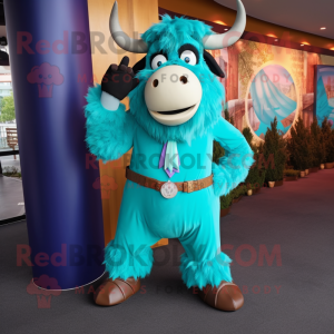 Turquoise Yak mascot costume character dressed with a Suit Pants and Suspenders