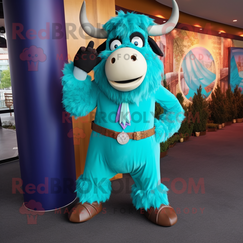 Turquoise Yak mascot costume character dressed with a Suit Pants and Suspenders Turquoise Yak mascot costume character dressed with a Suit Pants and Suspenders