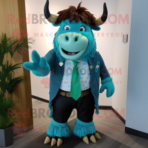 Turquoise Yak mascot costume character dressed with a Suit Pants and Suspenders