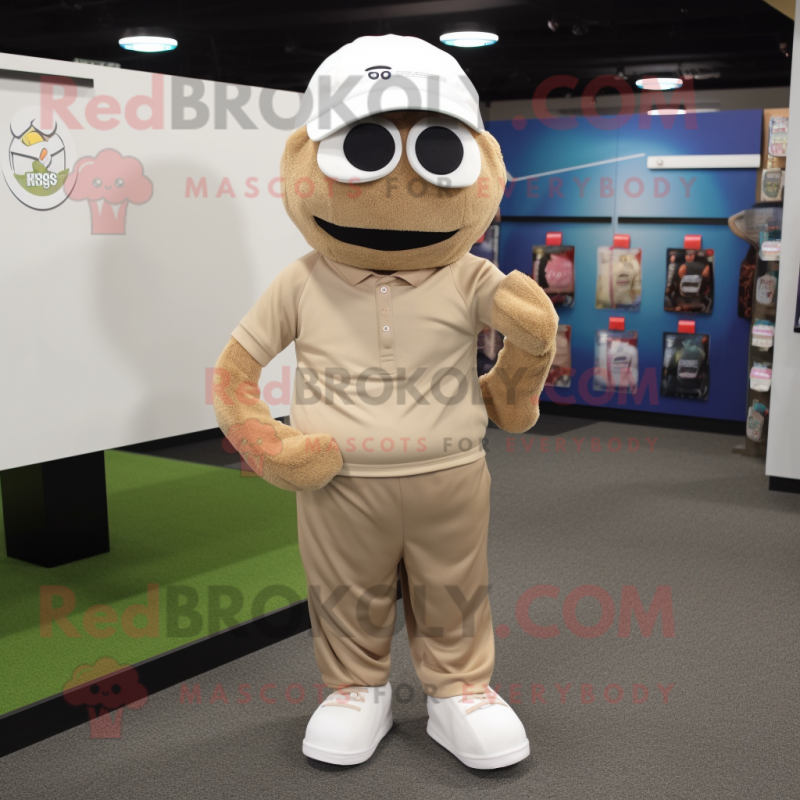 Tan Golf Ball mascot costume character dressed with a Hoodie and Suspenders