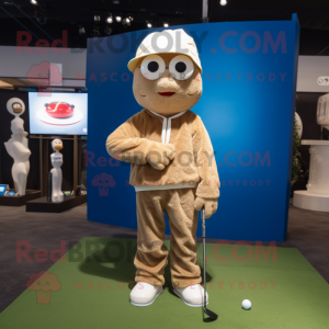 Tan Golf Ball mascot costume character dressed with a Hoodie and Suspenders