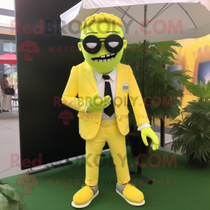 Lemon Yellow Frankenstein mascot costume character dressed with a Suit Jacket and Sunglasses