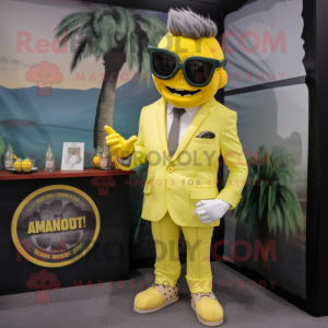 Lemon Yellow Frankenstein mascot costume character dressed with a Suit Jacket and Sunglasses