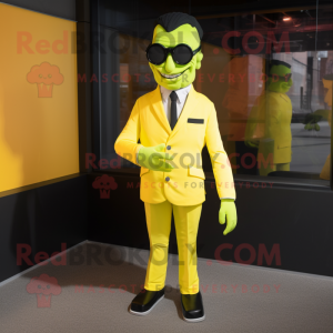 Lemon Yellow Frankenstein mascot costume character dressed with a Suit Jacket and Sunglasses