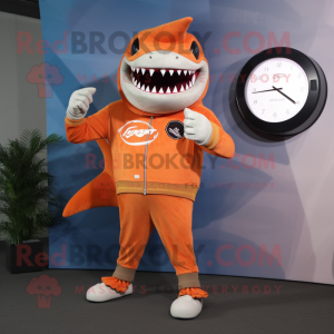 Orange Megalodon mascot costume character dressed with a Long Sleeve Tee and Digital watches