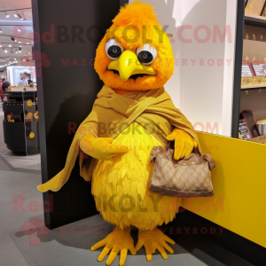 Yellow Tandoori Chicken mascot costume character dressed with a Sweater and Clutch bags
