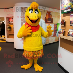Yellow Tandoori Chicken mascot costume character dressed with a Sweater and Clutch bags