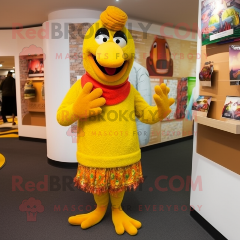 Yellow Tandoori Chicken mascot costume character dressed with a Sweater and Clutch bags