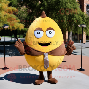 Brown Lemon mascot costume character dressed with a A-Line Dress and Tie pins