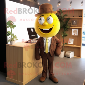 Brown Lemon mascot costume character dressed with a A-Line Dress and Tie pins