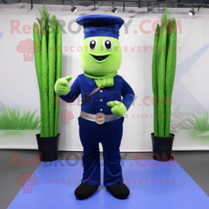 Navy Asparagus mascot costume character dressed with a Overalls and Belts