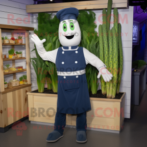 Navy Asparagus mascot costume character dressed with a Overalls and Belts