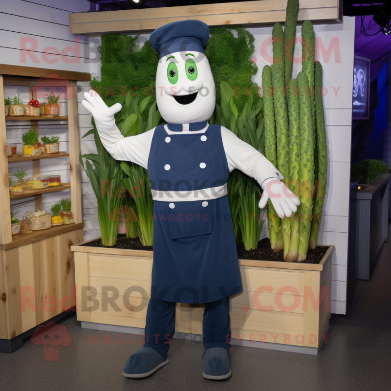 Navy Asparagus mascot costume character dressed with a Overalls and Belts Navy Asparagus mascot costume character dressed with a Overalls and Belts