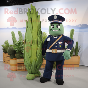 Navy Asparagus mascot costume character dressed with a Overalls and Belts