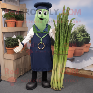 Navy Asparagus mascot costume character dressed with a Overalls and Belts