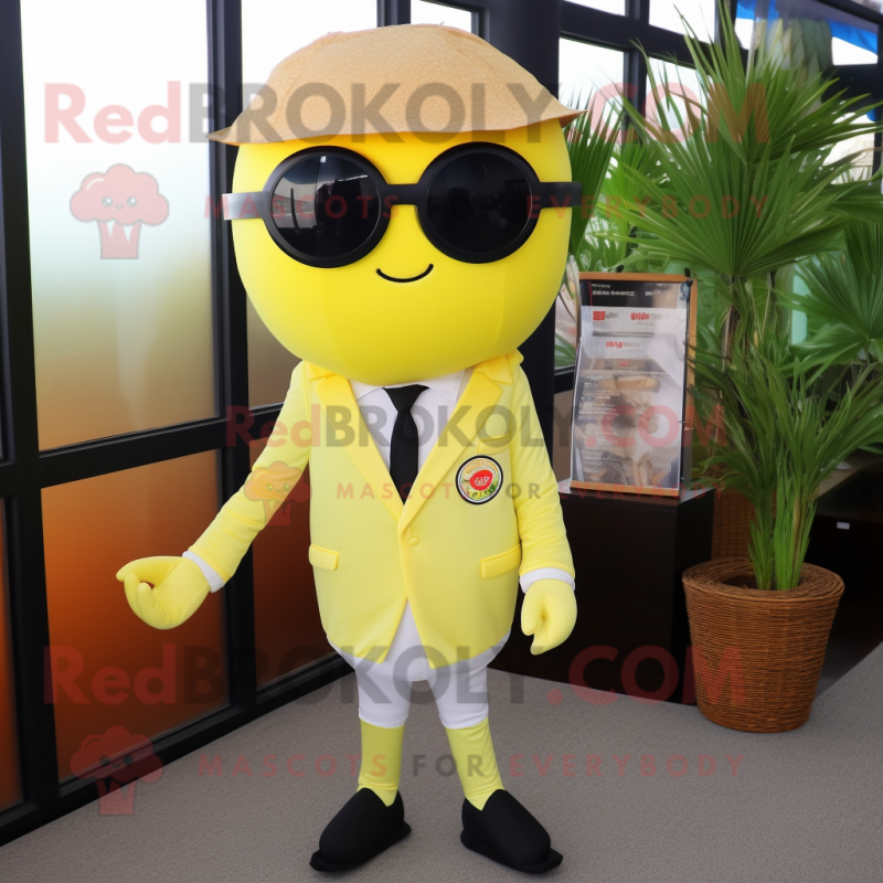 Lemon Yellow Sushi mascot costume character dressed with a Suit Pants and Sunglasses Lemon Yellow Sushi mascot costume character dressed with a Suit Pants and Sunglasses