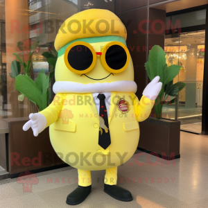 Lemon Yellow Sushi mascot costume character dressed with a Suit Pants and Sunglasses