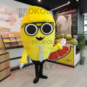 Lemon Yellow Sushi mascot costume character dressed with a Suit Pants and Sunglasses