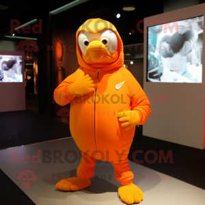Orange Pigeon mascot costume character dressed with a Hoodie and Tie pins