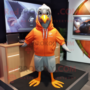 Orange Pigeon mascot costume character dressed with a Hoodie and Tie pins