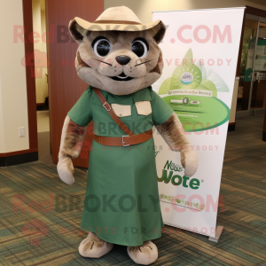 Olive Bobcat mascot costume character dressed with a Empire Waist Dress and Hat pins