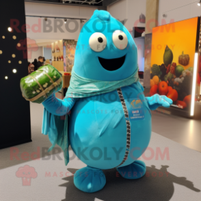 Turquoise Grenade mascot costume character dressed with a Blazer and Shawl pins