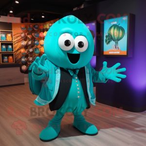 Turquoise Grenade mascot costume character dressed with a Blazer and Shawl pins