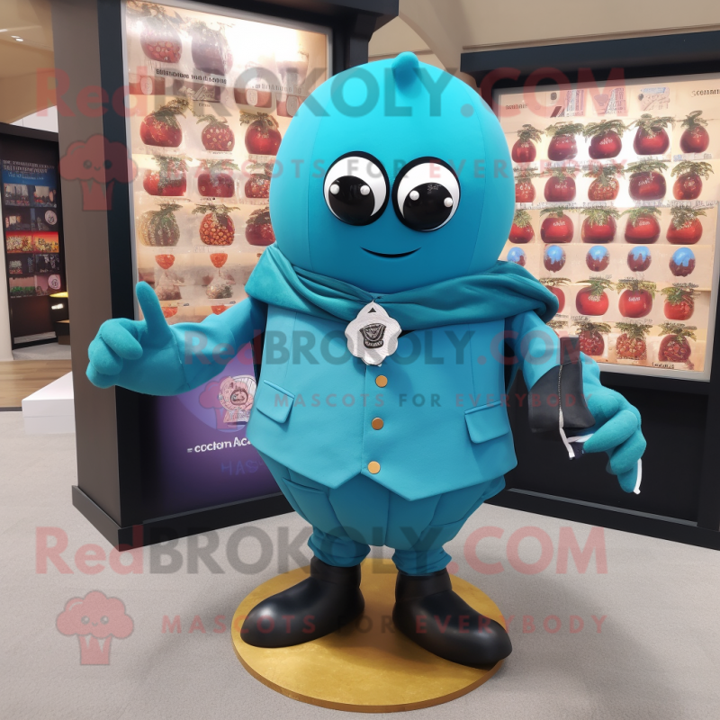 Turquoise Grenade mascot costume character dressed with a Blazer and Shawl pins